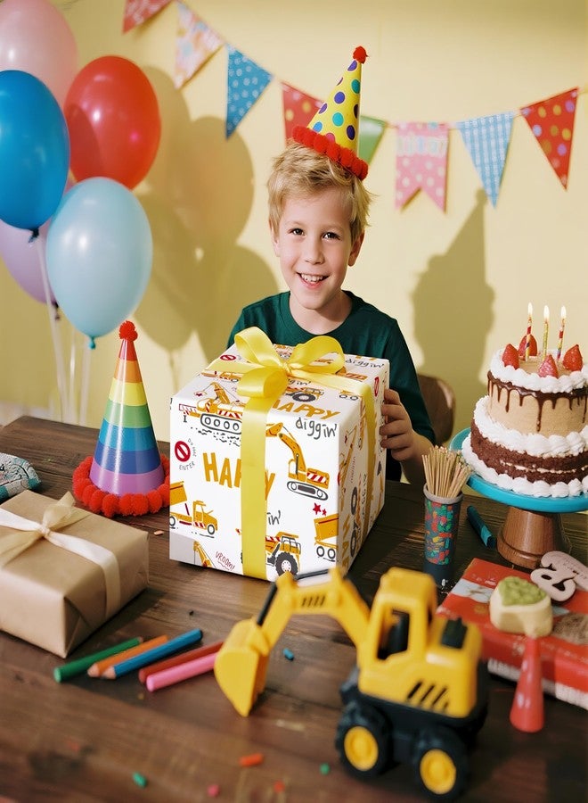 LeZakaa Kids Wrapping Paper Roll – Construction Truck & Excavator Theme with Happy Diggin’ Design – Mini Roll 17 in x 16.4 Ft Gift Wrap for Boys Birthday, Party, Baby Shower - Image 2